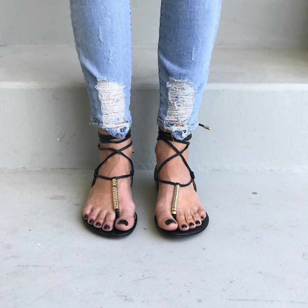 Black Gladiator Lace Up Gold Hardware Flat Sandals - Picture 4 of 7